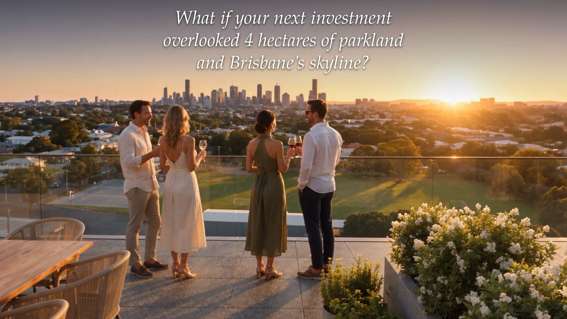 Elysian rooftop terrace overlooking parkland and the Brisbane skyline, artist impression